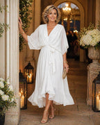Alexandra | Women's Wrap Midi Dress with V-Neckline, Half-Length Sleeve Occasion Dress | The Dress Cellar | Black