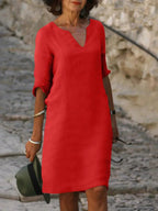 Elowen | Women's V-Neck Elegant Midi Dress - White