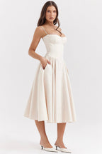 Sandra | Women's Corset Midi Dress with Adjustable Straps, Flattering Waist Midi Dress | The Dress Cellar
