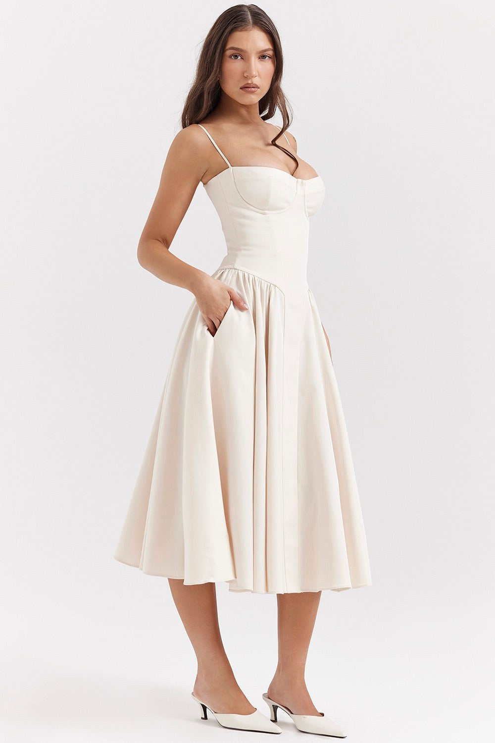 Sandra | Women's Corset Midi Dress with Adjustable Straps, Flattering Waist Midi Dress | The Dress Cellar