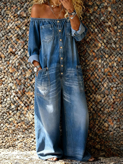 Emery | Women's Off-Shoulder Denim Jumpsuit - Blue
