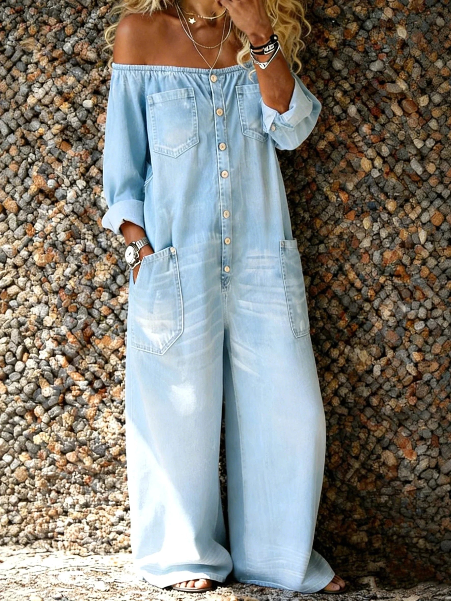 Emery | Women's Off-Shoulder Denim Jumpsuit - Light Blue