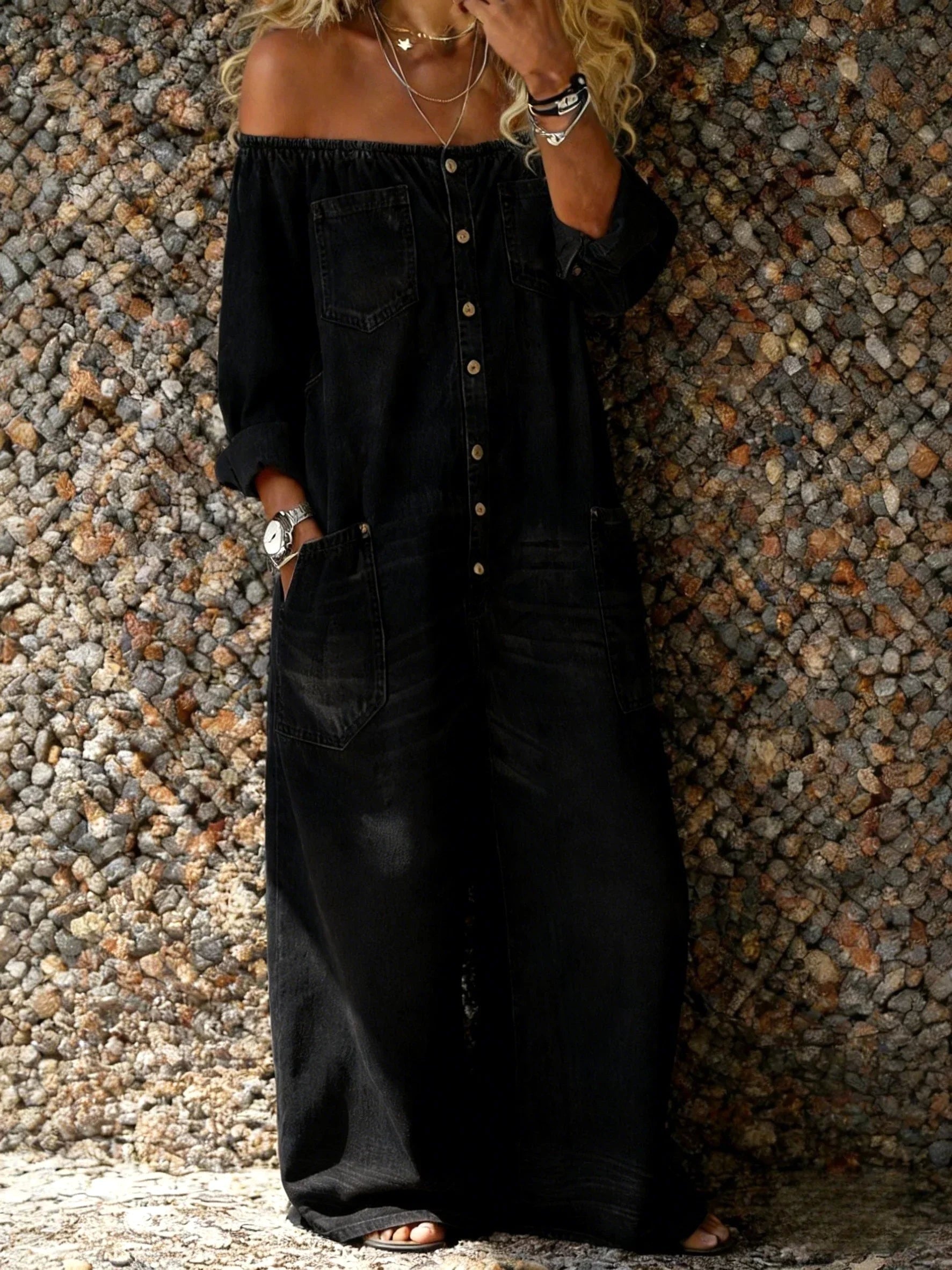 Emery | Women's Off-Shoulder Denim Jumpsuit - Black