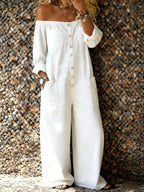 Emery | Women's Off-Shoulder Denim Jumpsuit - White