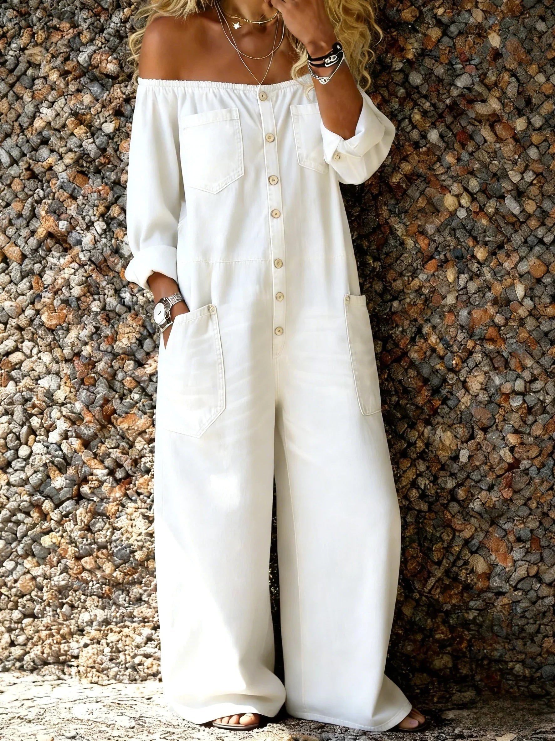 Emery | Women's Off-Shoulder Denim Jumpsuit - White