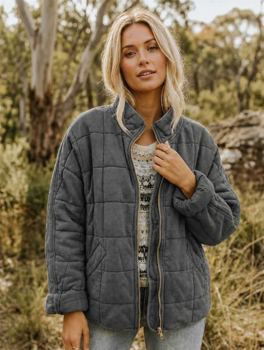Emery | Women's Oversized Quilted Jacket, Structured Collar Autumn Jacket | The Dress Cellar | Dark Grey