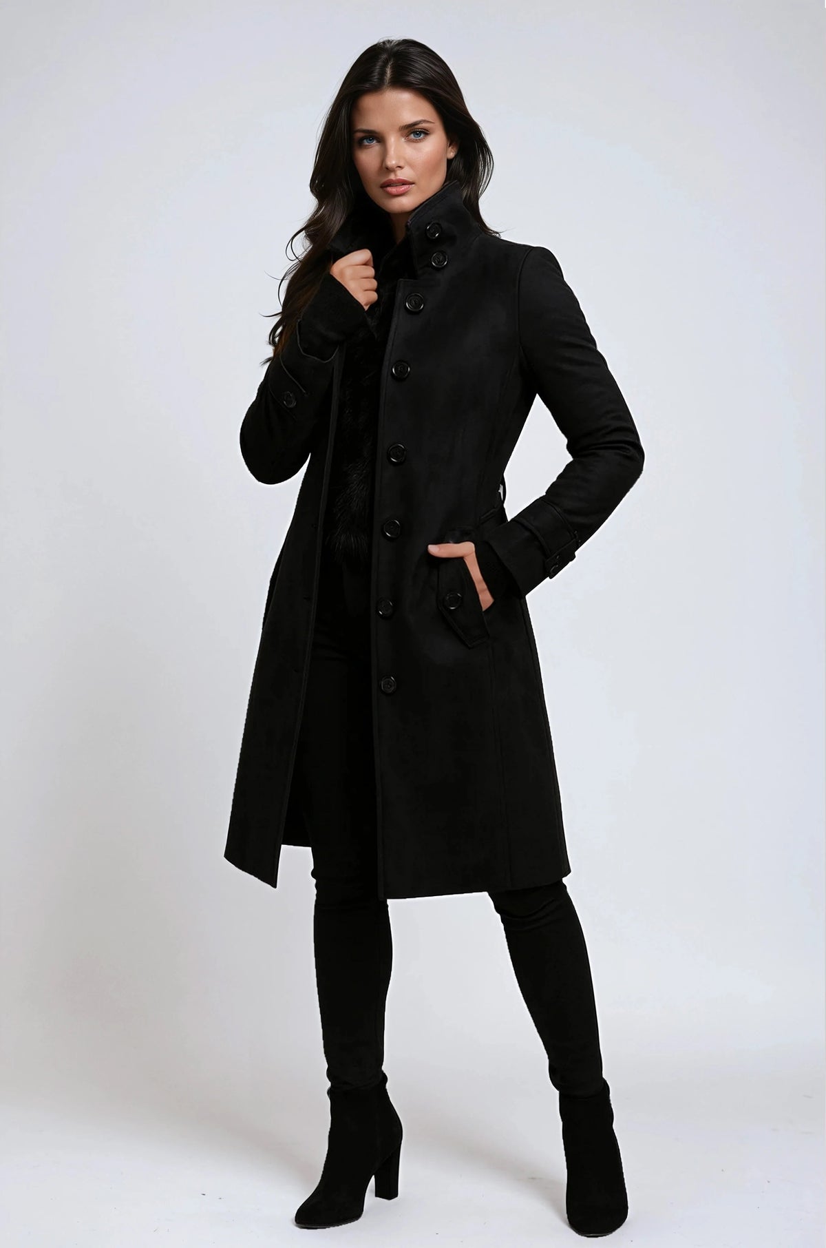 Amy | Women's Long Winter Coat with High Collar, Button-Front Tailored Coat | The Dress Cellar | Black
