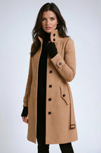 Amy | Women's Long Winter Coat with High Collar, Button-Front Tailored Coat | The Dress Cellar | Khaki