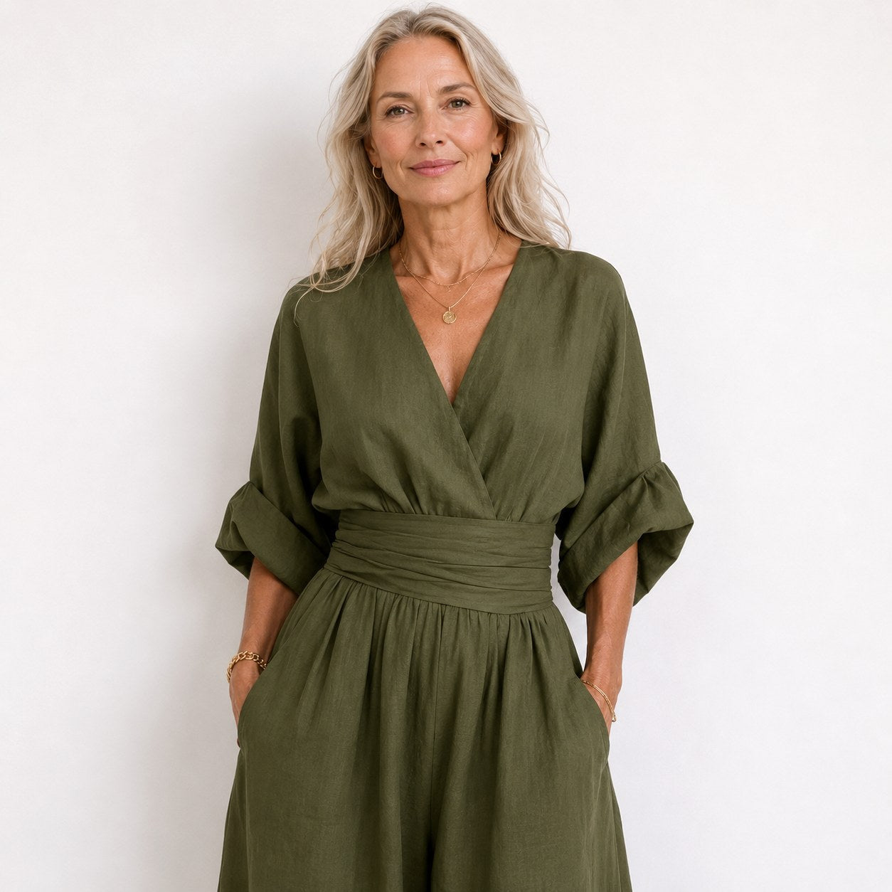 Emilie | Women's Wide-Leg Linen Jumpsuit, Cinched-Waist Jumpsuit | The Dress Cellar