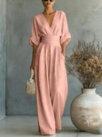 Emilie | Women's Wide-Leg Linen Jumpsuit, Cinched-Waist Jumpsuit | The Dress Cellar