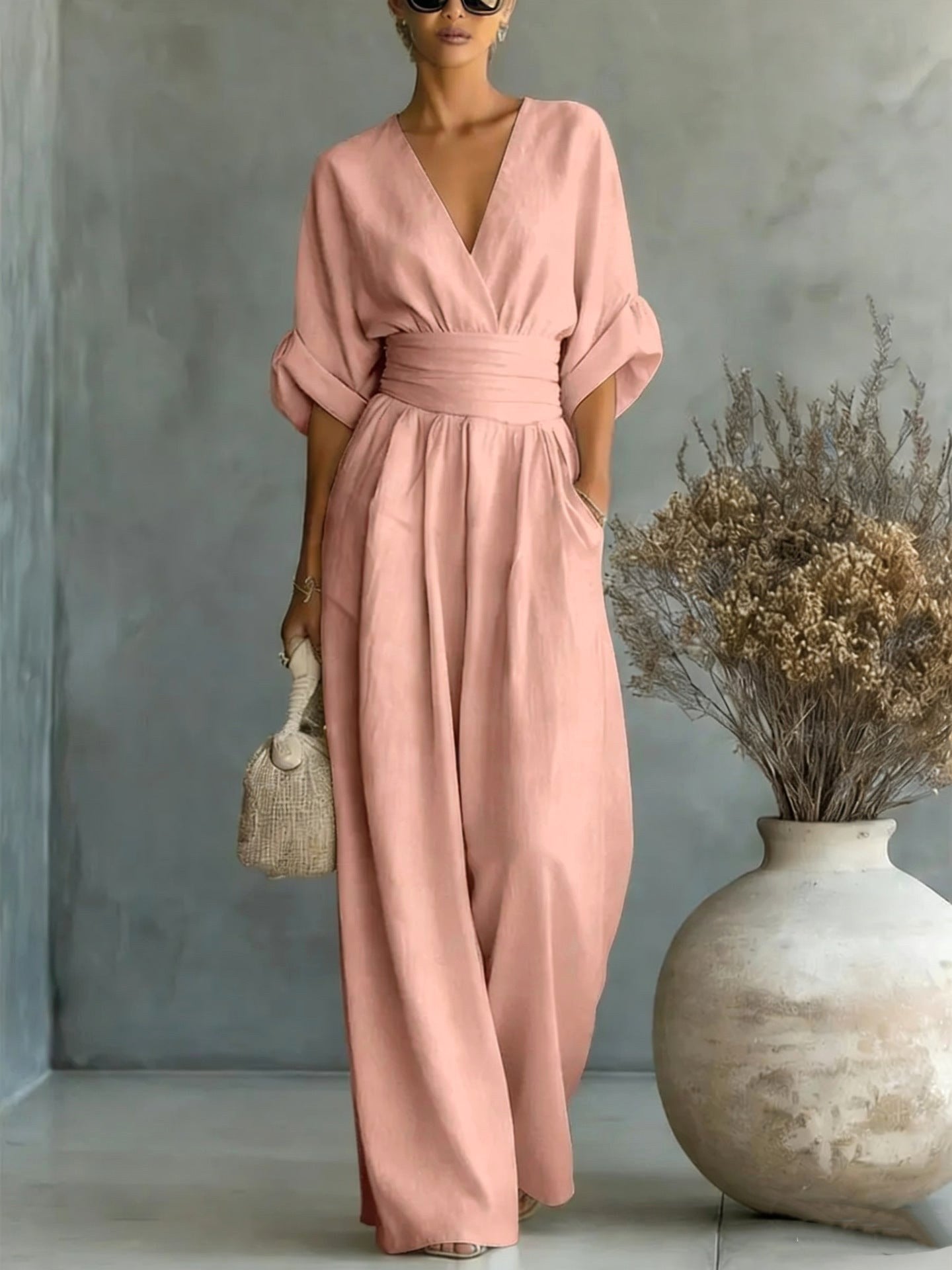 Emilie | Women's Wide-Leg Linen Jumpsuit, Cinched-Waist Jumpsuit | The Dress Cellar