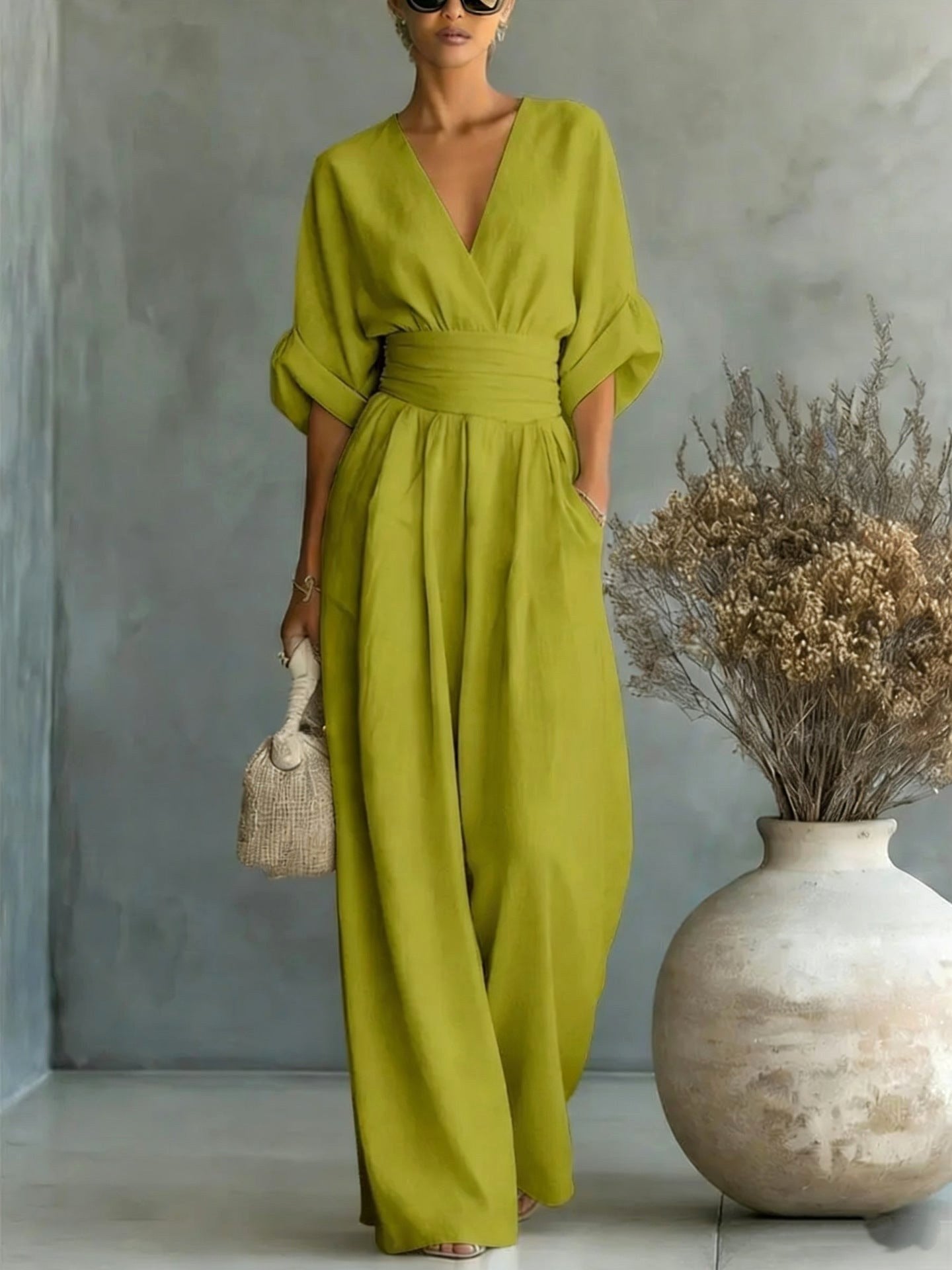 Emilie | Women's Wide-Leg Linen Jumpsuit, Cinched-Waist Jumpsuit | The Dress Cellar