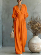 Emilie | Women's Wide-Leg Linen Jumpsuit, Cinched-Waist Jumpsuit | The Dress Cellar