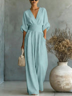 Emilie | Women's Wide-Leg Linen Jumpsuit, Cinched-Waist Jumpsuit | The Dress Cellar