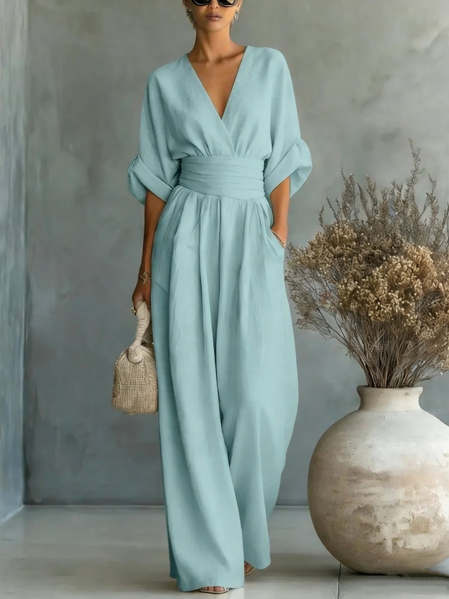 Emilie | Women's Wide-Leg Linen Jumpsuit, Cinched-Waist Jumpsuit | The Dress Cellar