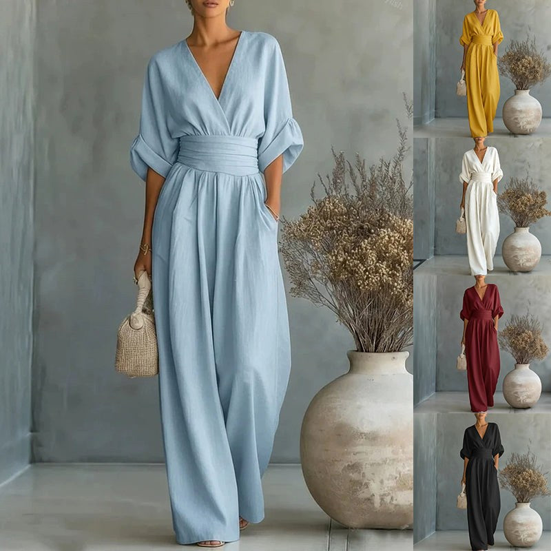 Emilie | Women's Wide-Leg Linen Jumpsuit, Cinched-Waist Jumpsuit | The Dress Cellar