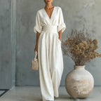 Emilie | Women's Wide-Leg Linen Jumpsuit, Cinched-Waist Jumpsuit | The Dress Cellar