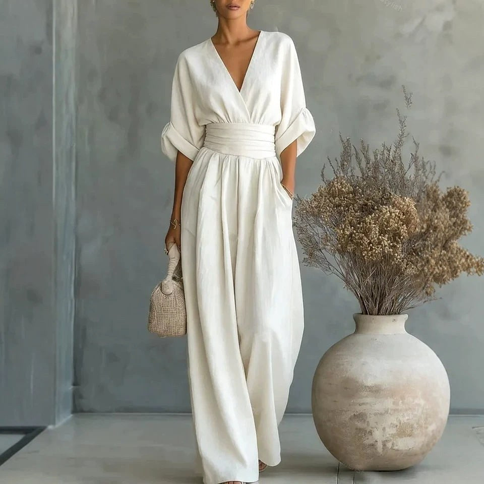 Emilie | Women's Wide-Leg Linen Jumpsuit, Cinched-Waist Jumpsuit | The Dress Cellar
