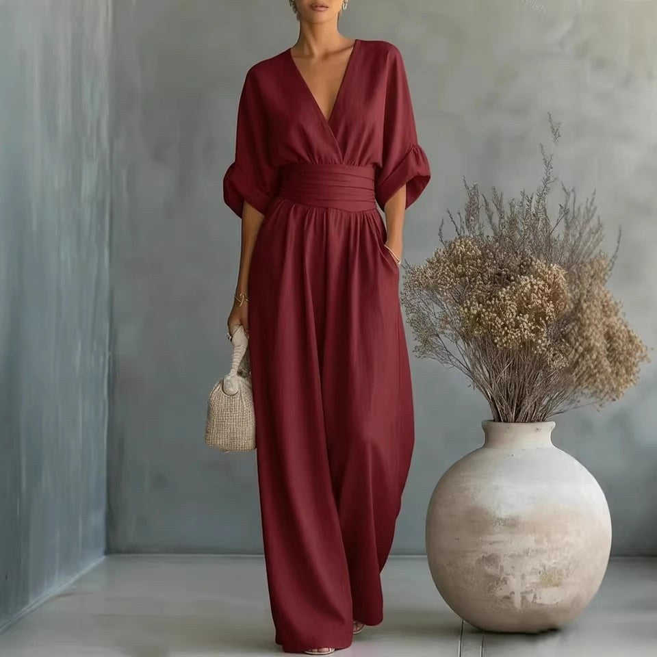 Emilie | Women's Wide-Leg Linen Jumpsuit, Cinched-Waist Jumpsuit | The Dress Cellar