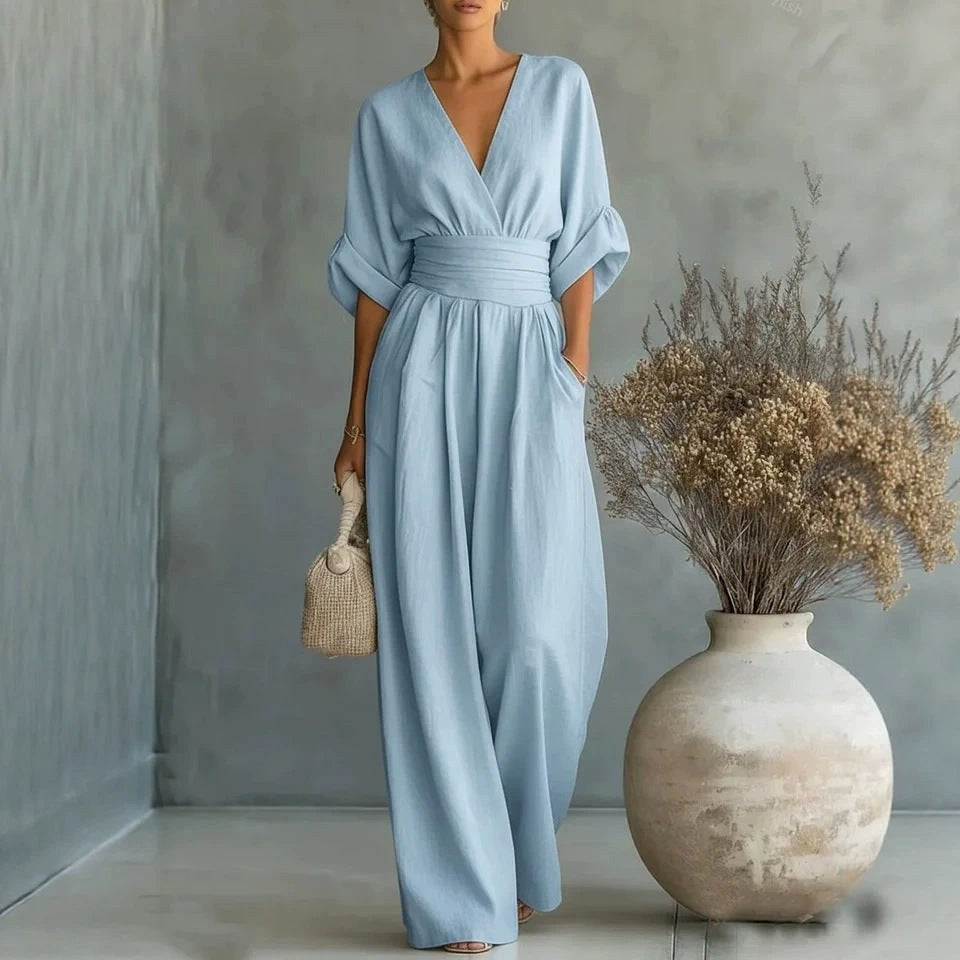 Emilie | Women's Wide-Leg Linen Jumpsuit, Cinched-Waist Jumpsuit | The Dress Cellar