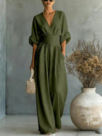 Emilie | Women's Wide-Leg Linen Jumpsuit, Cinched-Waist Jumpsuit | The Dress Cellar