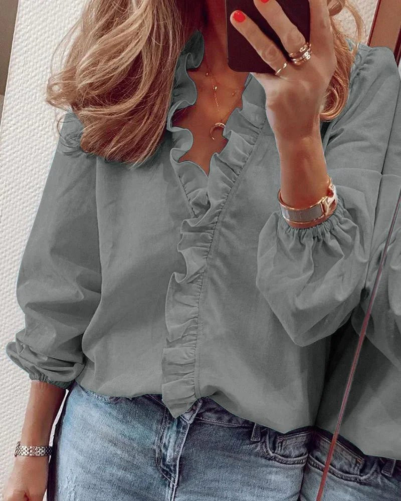 Enola | Women's Ruffled Feminine Blouse - Gray