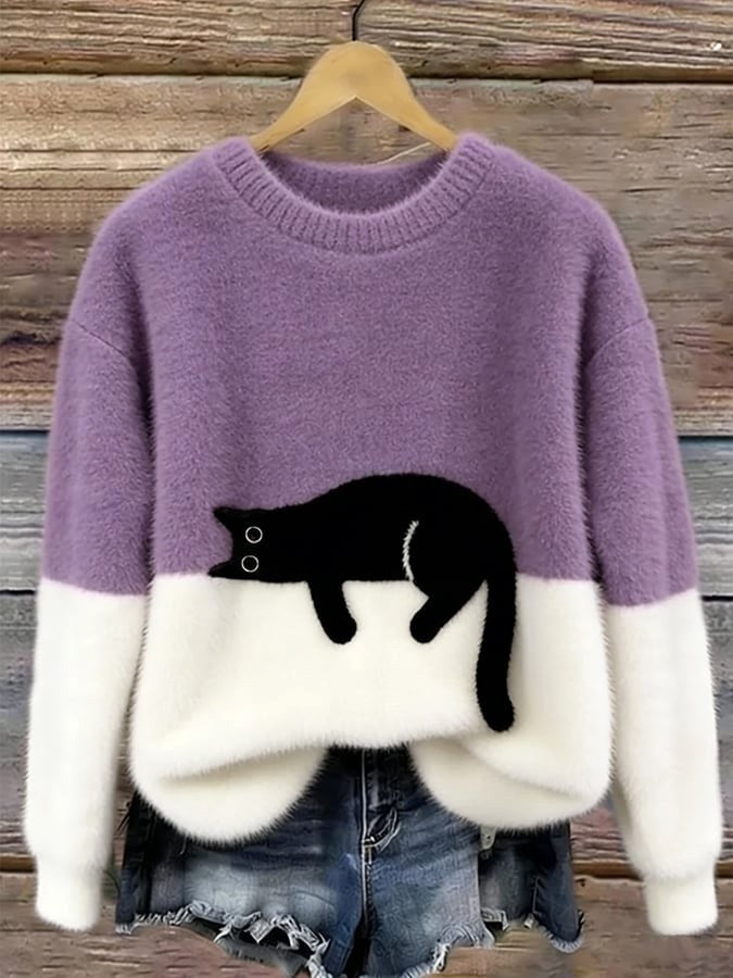Estelle | Women's Cat Motif Wool-Mix Knit Jumper, Charming Everyday Sweater | The Dress Cellar