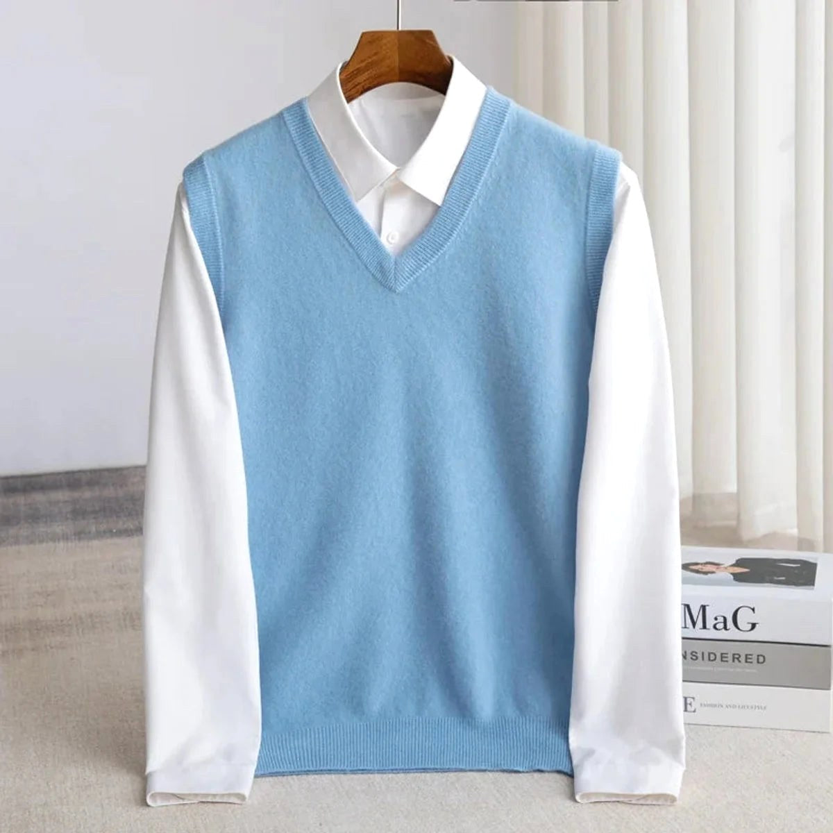 Ethan | Men's V-Neck Sweater Vest, Ribbed Trim Knit Gilet | The Dress Cellar | Blue