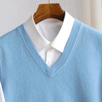 Ethan | Men's V-Neck Sweater Vest, Ribbed Trim Knit Gilet | The Dress Cellar | Camel