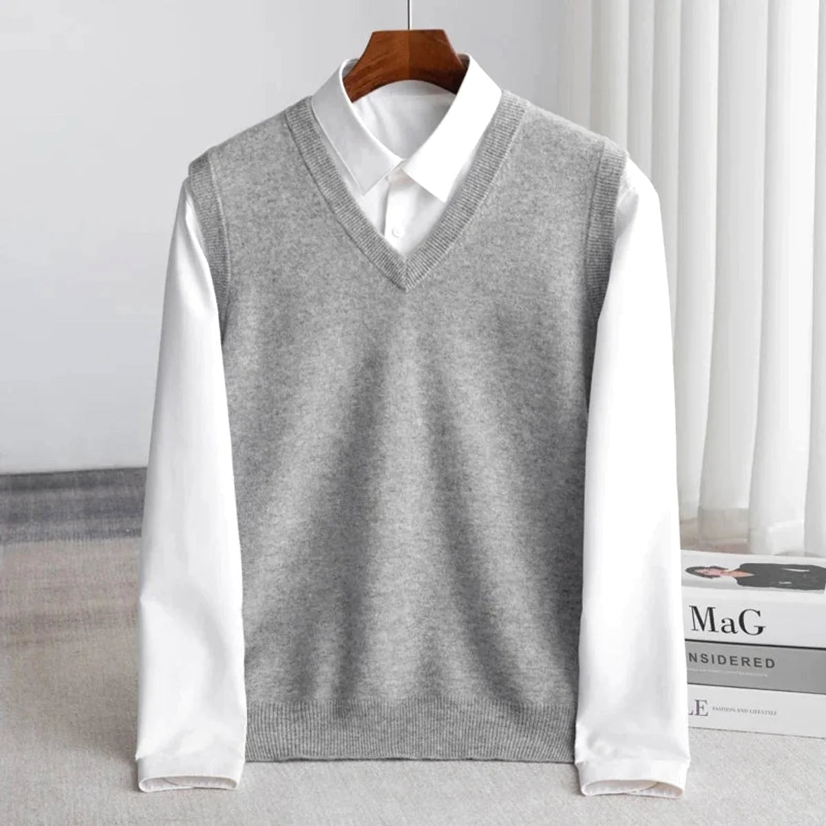 Ethan | Men's V-Neck Sweater Vest, Ribbed Trim Knit Gilet | The Dress Cellar