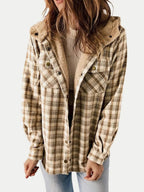 Eugenie | Women's Hooded Plaid Jacket, Button-Down Autumn Jacket | The Dress Cellar | Khaki