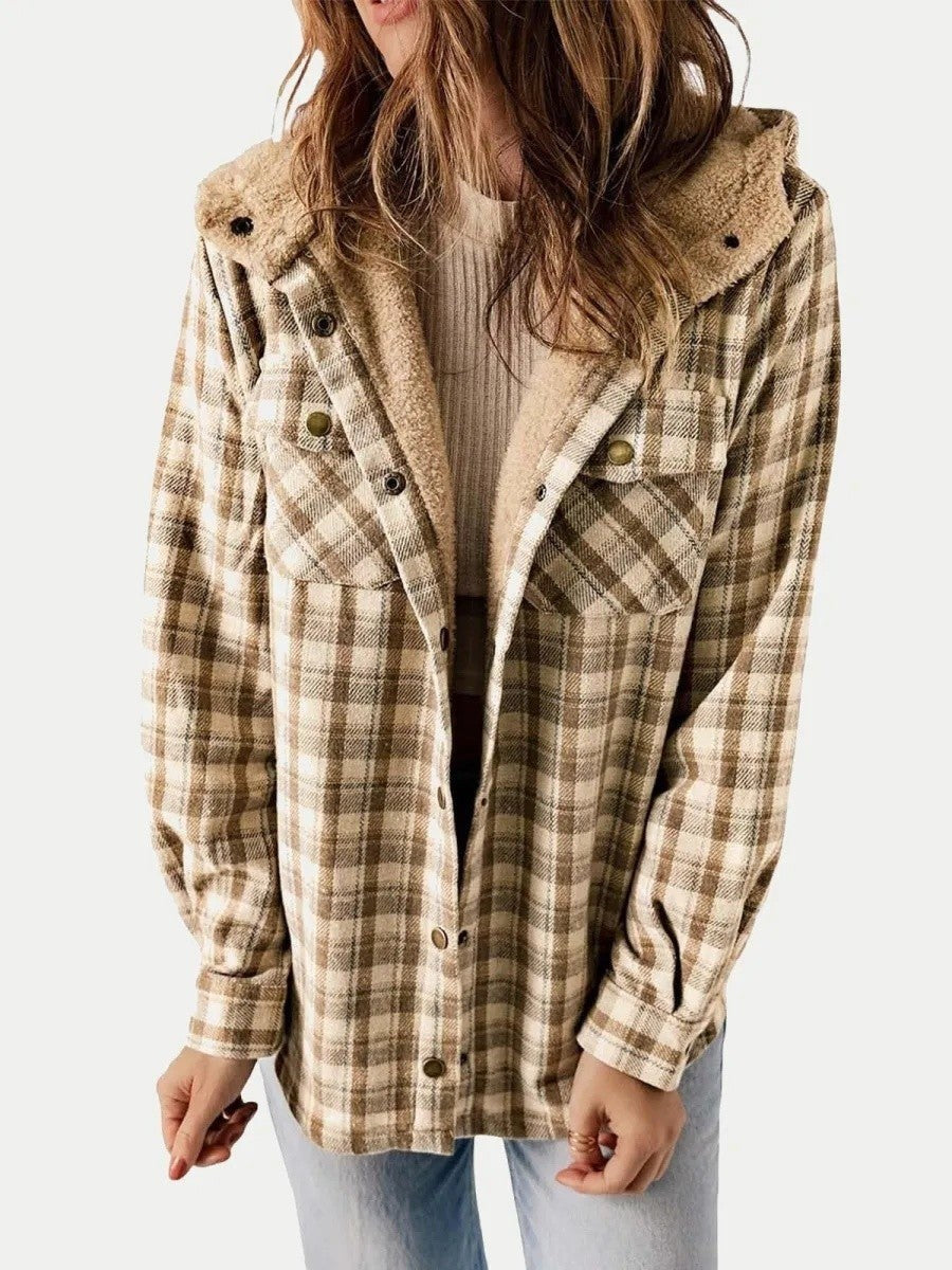 Eugenie | Women's Hooded Plaid Jacket, Button-Down Autumn Jacket | The Dress Cellar | Khaki