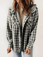Eugenie | Women's Hooded Plaid Jacket, Button-Down Autumn Jacket | The Dress Cellar | Dark Grey