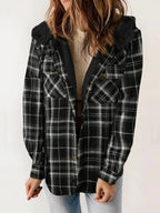 Eugenie | Women's Hooded Plaid Jacket, Button-Down Autumn Jacket | The Dress Cellar | Black