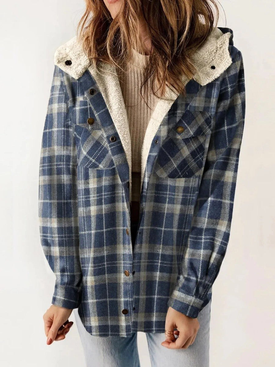 Eugenie | Women's Hooded Plaid Jacket, Button-Down Autumn Jacket | The Dress Cellar | Blue