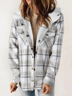 Eugenie | Women's Hooded Plaid Jacket, Button-Down Autumn Jacket | The Dress Cellar | White