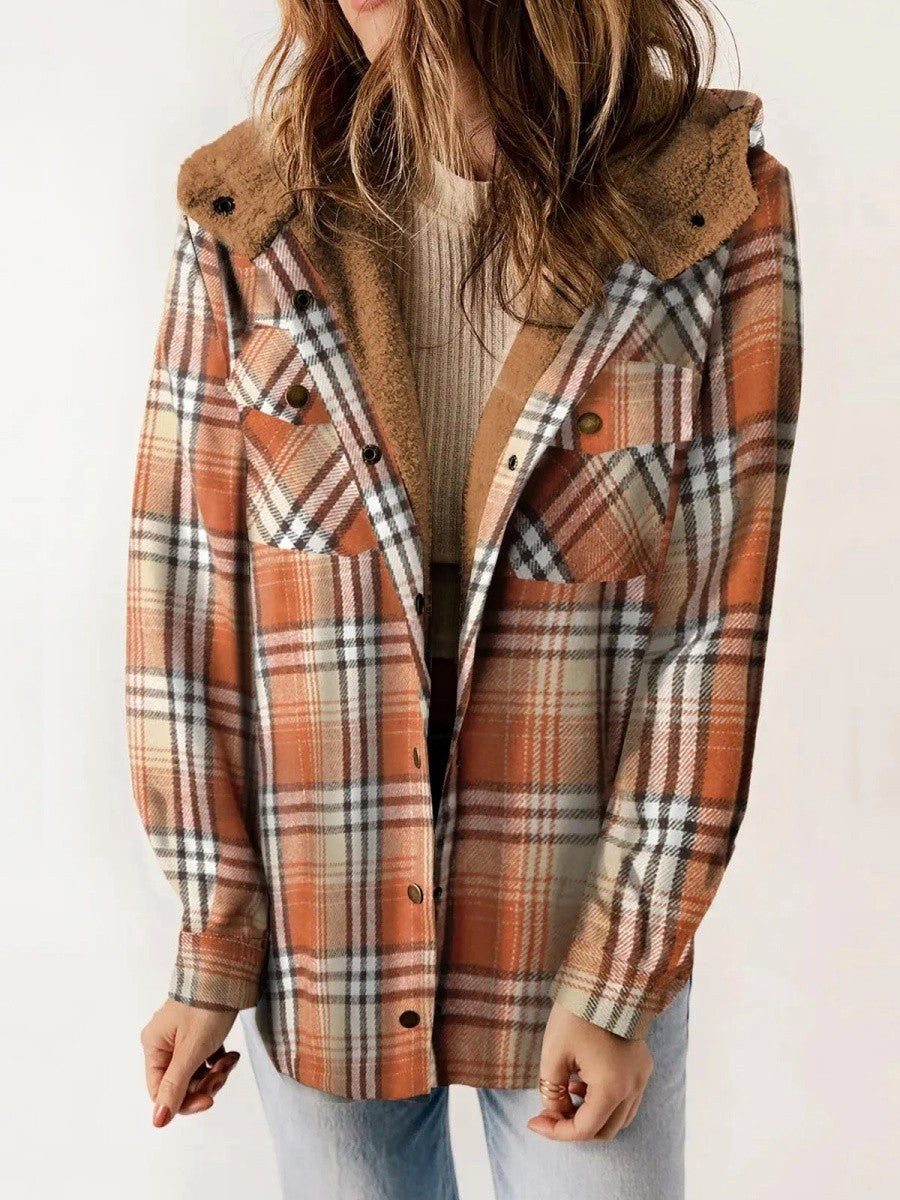 Eugenie | Women's Hooded Plaid Jacket, Button-Down Autumn Jacket | The Dress Cellar | Brown