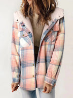 Eugenie | Women's Hooded Plaid Jacket, Button-Down Autumn Jacket | The Dress Cellar | Pink
