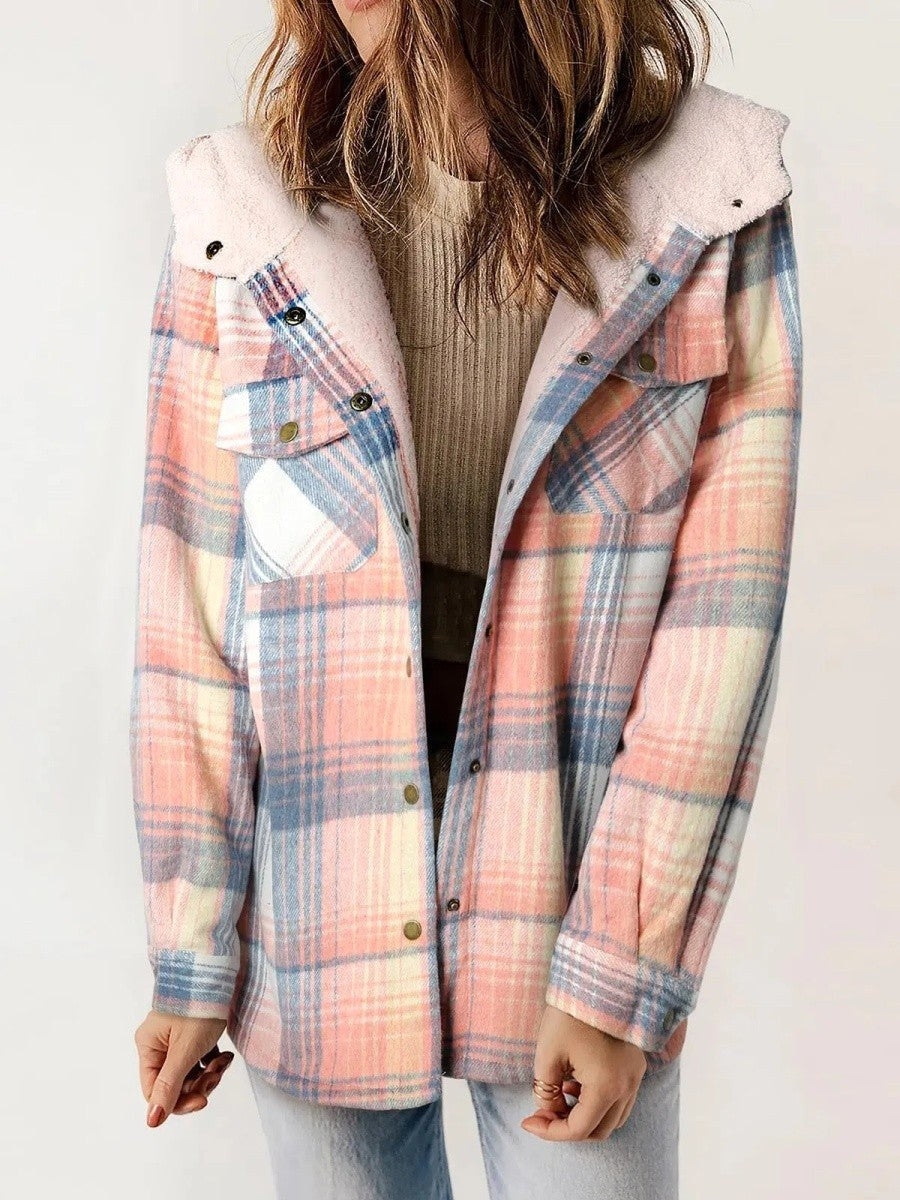 Eugenie | Women's Hooded Plaid Jacket, Button-Down Autumn Jacket | The Dress Cellar | Pink