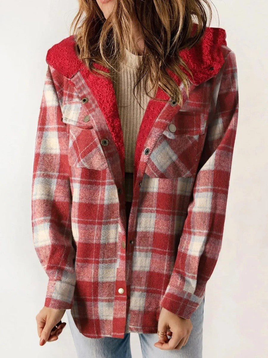 Eugenie | Women's Hooded Plaid Jacket, Button-Down Autumn Jacket | The Dress Cellar | Red