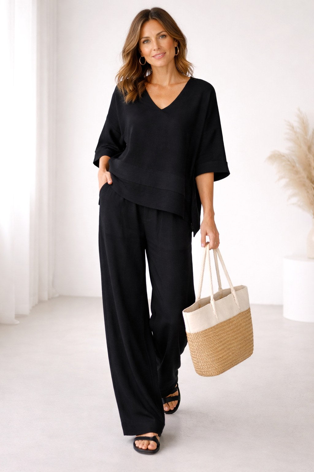 Trinity | Women's Asymmetric Two-Piece Set, Breathable Cotton Linen Lounge Set | The Dress Cellar
