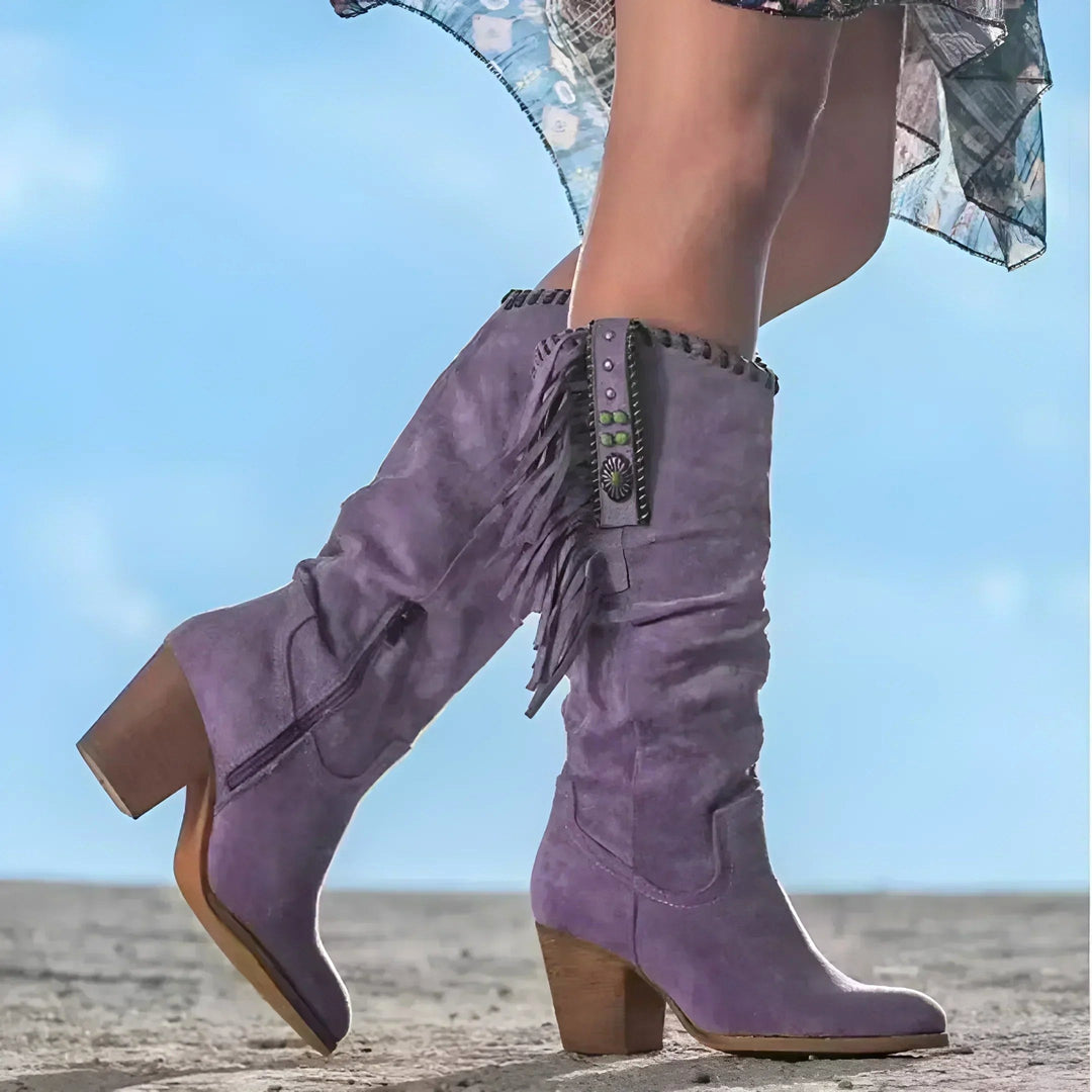 Evelyn | Women's Leather Cowboy Boots, Western Fringe Boots | The Dress Cellar | Purple