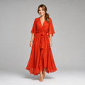 Megan | Women's Midi Dress with V-Neckline and Waist Tie, Layered Asymmetric Midi Dress | The Dress Cellar