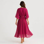 Megan | Women's Midi Dress with V-Neckline and Waist Tie, Layered Asymmetric Midi Dress | The Dress Cellar