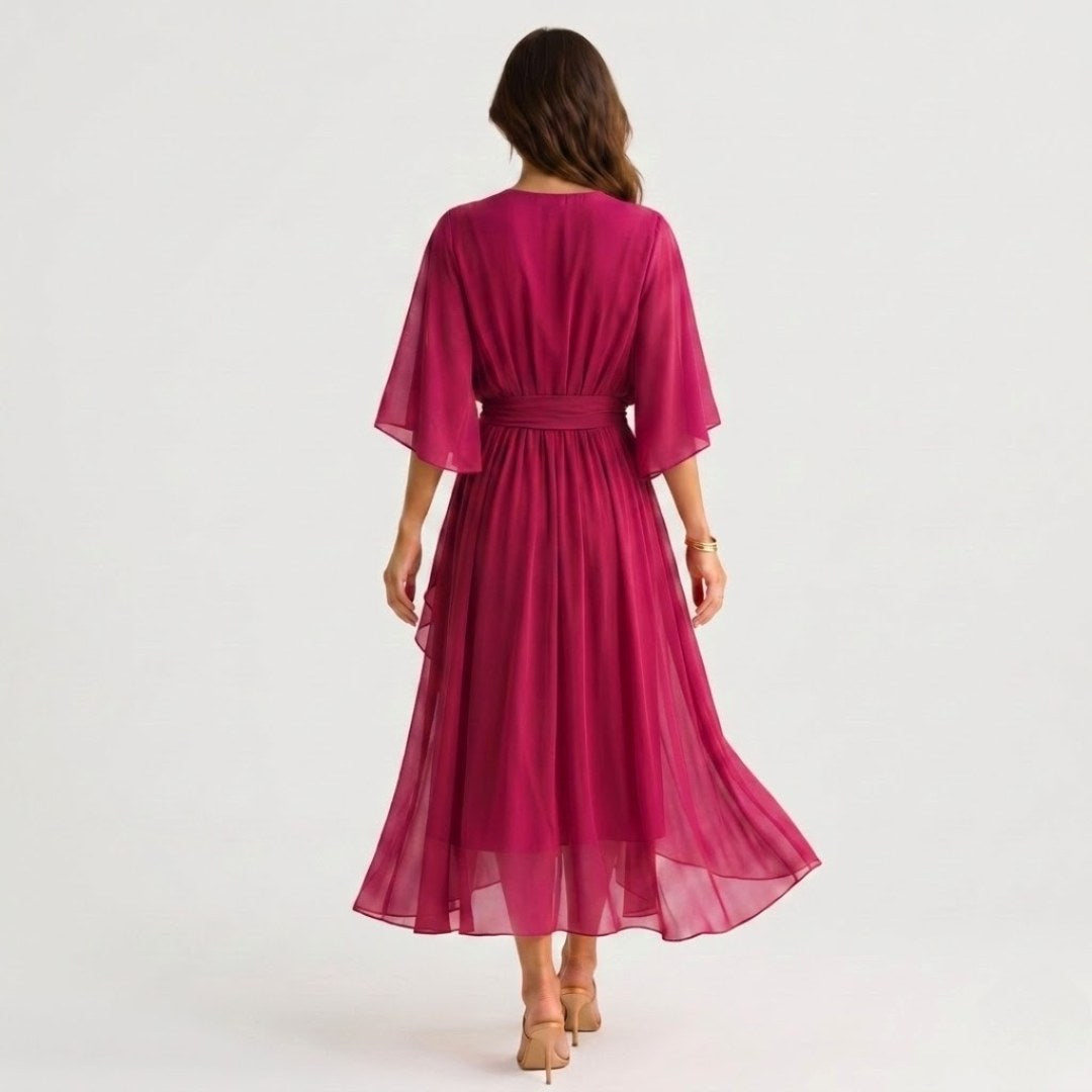 Megan | Women's Midi Dress with V-Neckline and Waist Tie, Layered Asymmetric Midi Dress | The Dress Cellar
