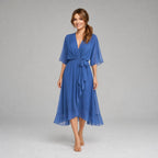 Megan | Women's Midi Dress with V-Neckline and Waist Tie, Layered Asymmetric Midi Dress | The Dress Cellar