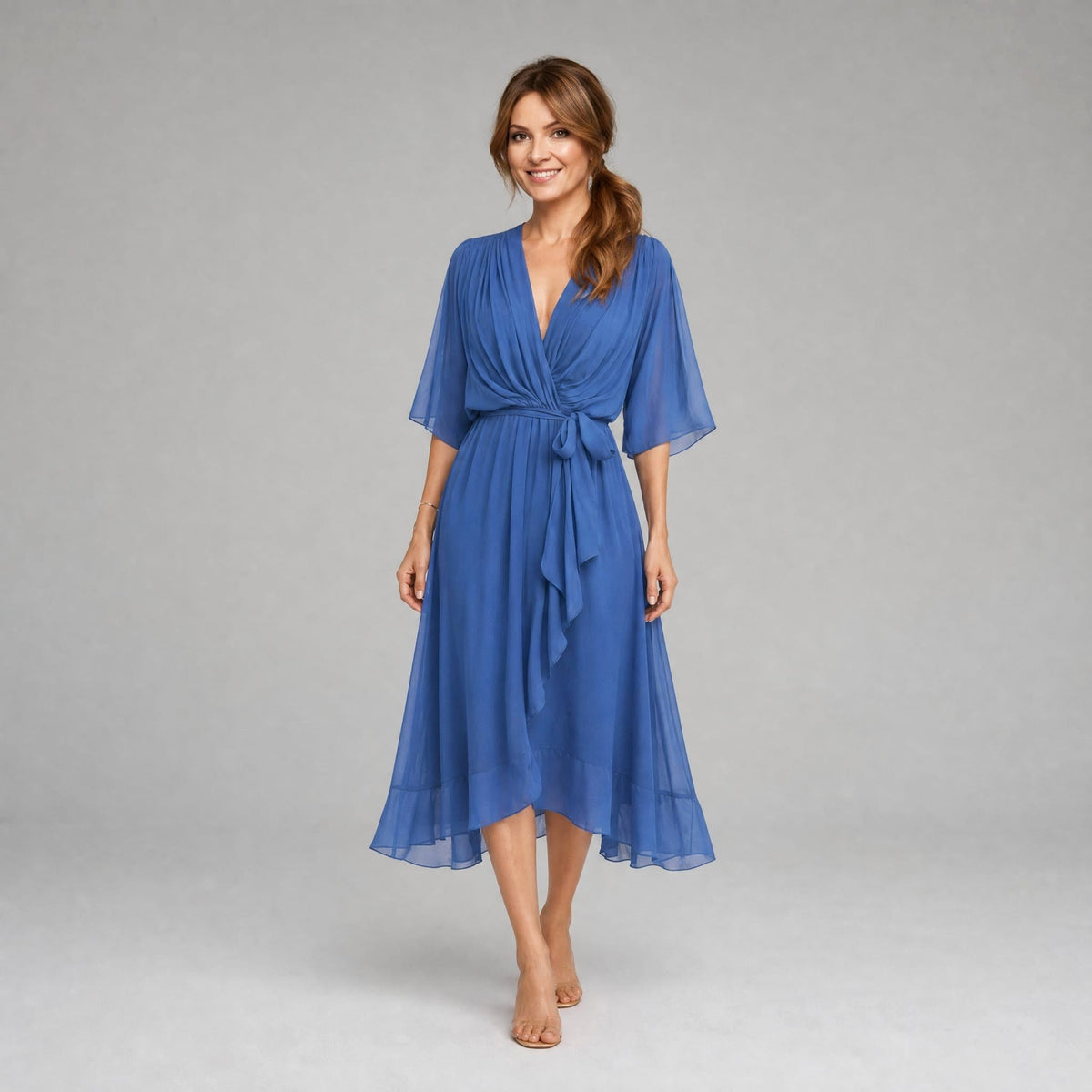 Megan | Women's Midi Dress with V-Neckline and Waist Tie, Layered Asymmetric Midi Dress | The Dress Cellar
