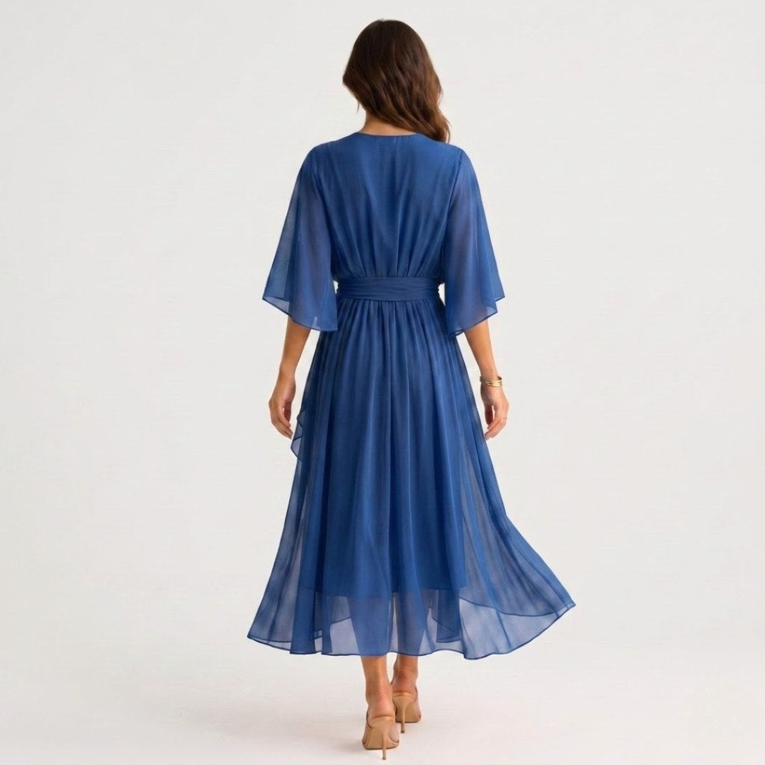Megan | Women's Midi Dress with V-Neckline and Waist Tie, Layered Asymmetric Midi Dress | The Dress Cellar
