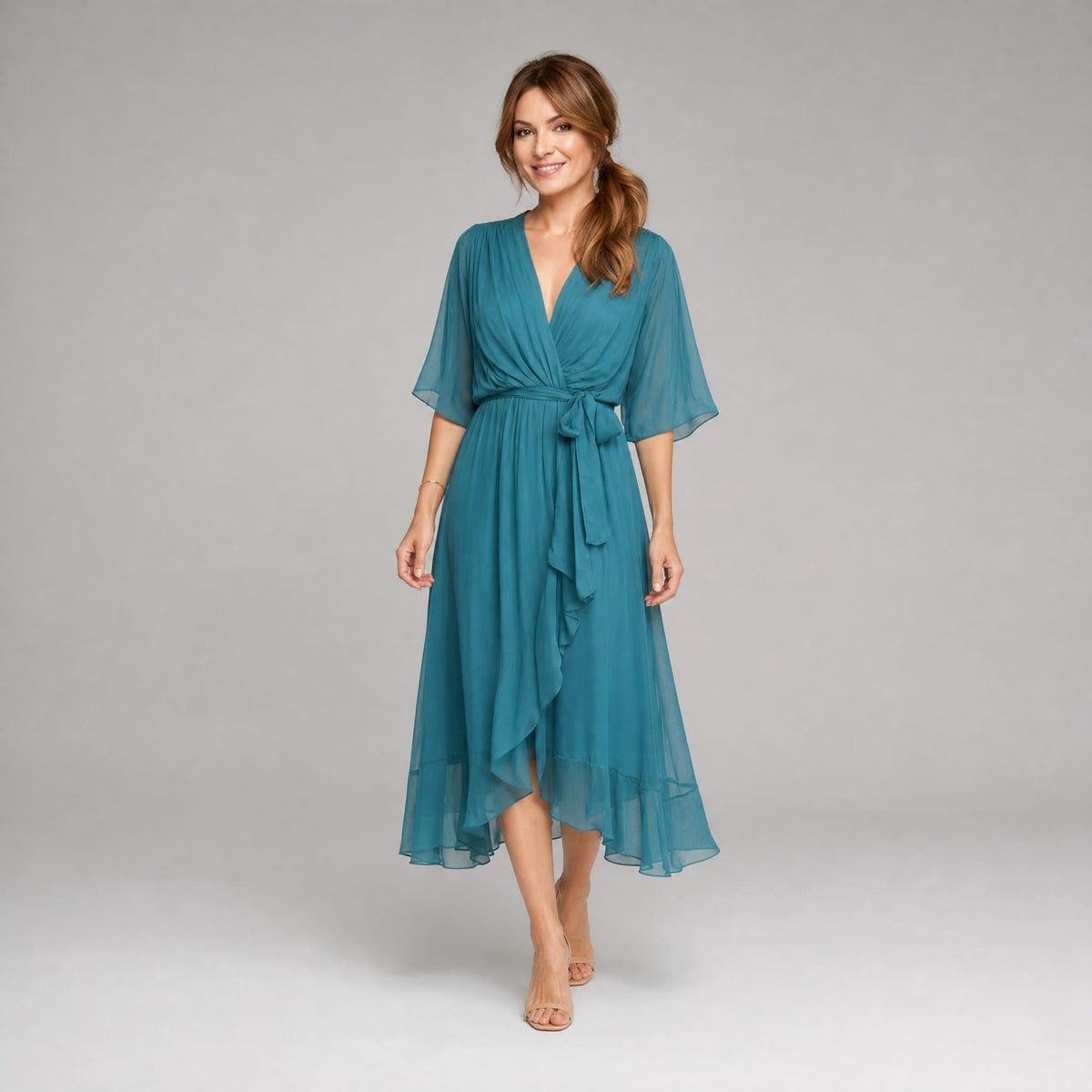 Megan | Women's Midi Dress with V-Neckline and Waist Tie, Layered Asymmetric Midi Dress | The Dress Cellar