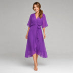 Megan | Women's Midi Dress with V-Neckline and Waist Tie, Layered Asymmetric Midi Dress | The Dress Cellar